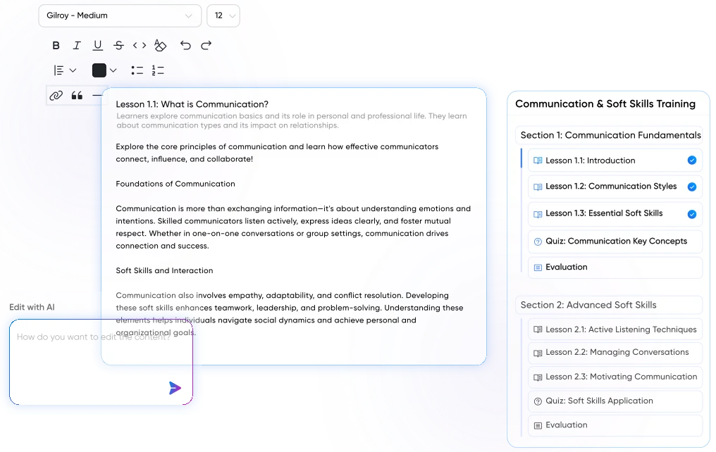 Communication material organized into sections, lessons and quizzes in Vocaliv