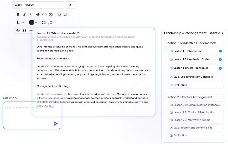The Vocaliv course editor with lessons and sections being customized