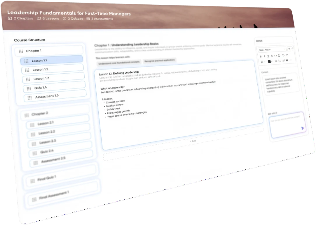 The Vocaliv course editor with the module structure and lesson content being edited