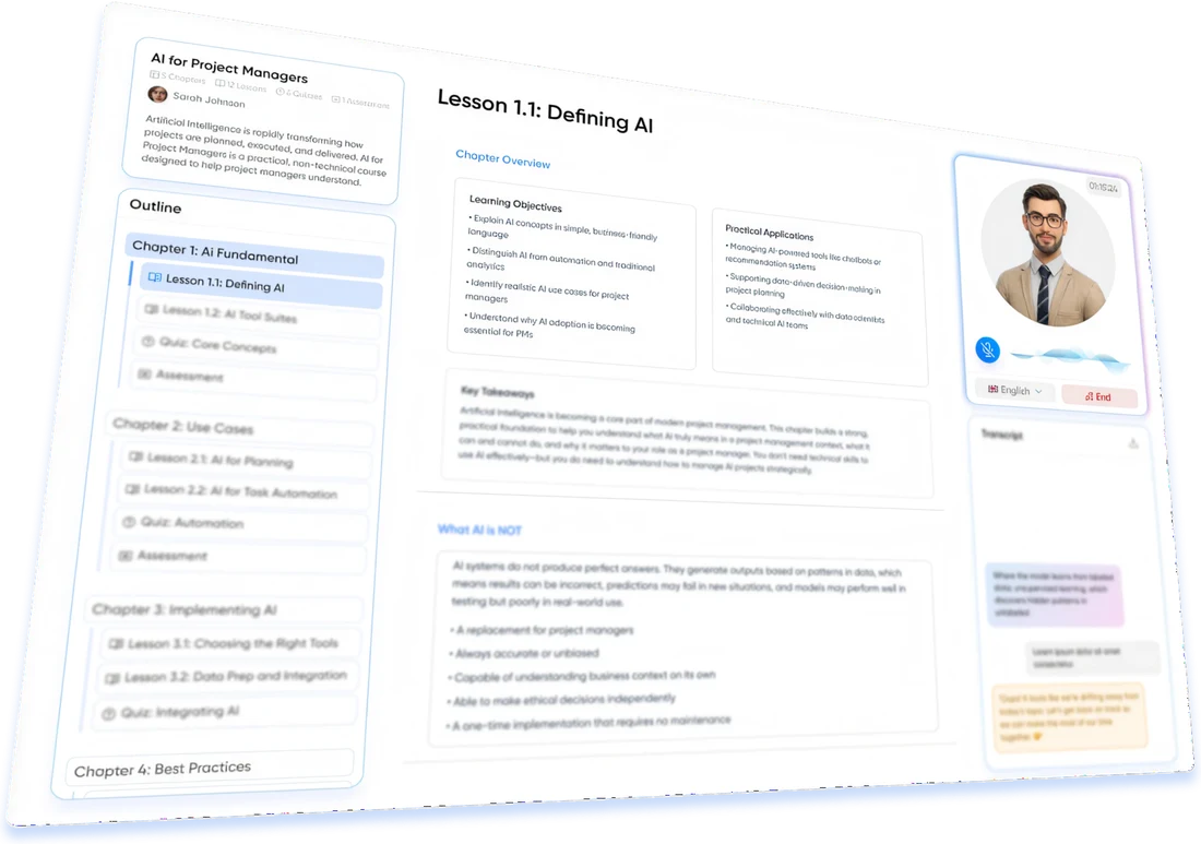 A finished course delivered to trainees with the AI Coach avatar and transcript