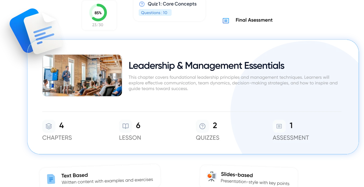 A ready-to-use training template in Vocaliv showing its chapters, lessons, quizzes and assessment